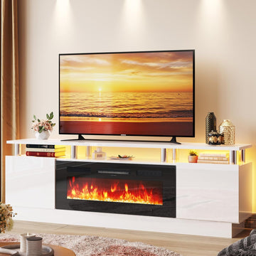 70", 2-Tier LED Entertainment Center with 36" Fireplace, Fits TVs up to 80", Modern High Gloss TV Console with LED
