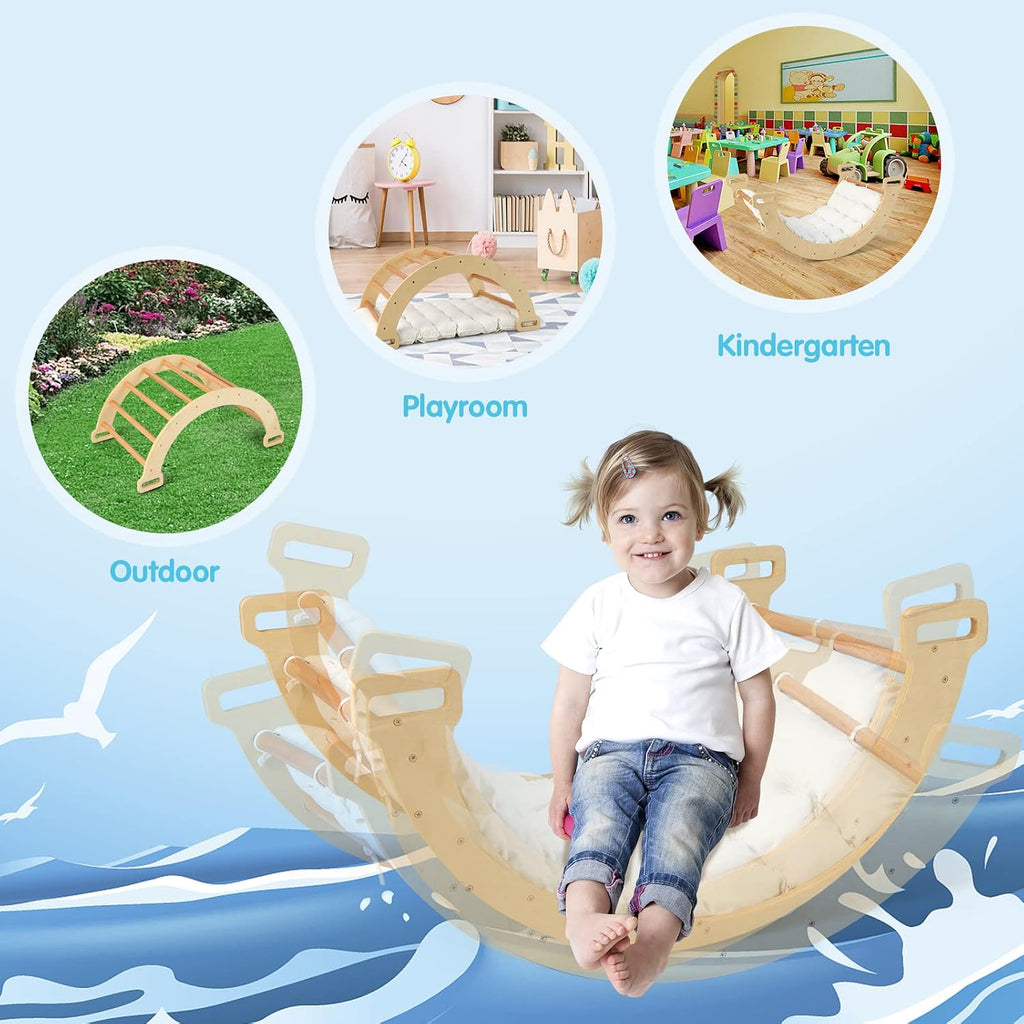 Wooden Arch Climber Rocker with Soft Cushion, 4 in 1 Montessori Climbing Ladder Toys for Toddlers, Waldorf Indoor
