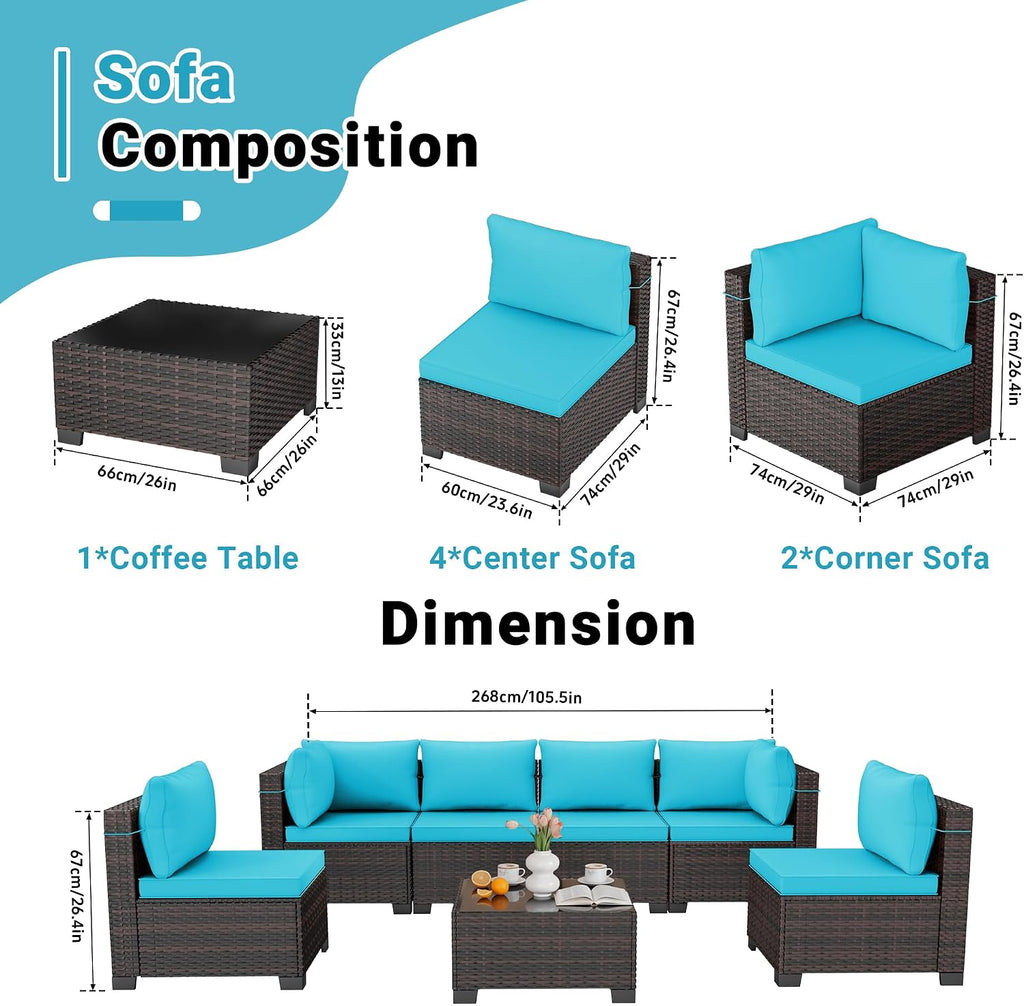 7-Piece Outdoor Patio Furniture Sets, Manual Weaving Rattan Conversation Sectional Sofa with Tempered Glass Coffee