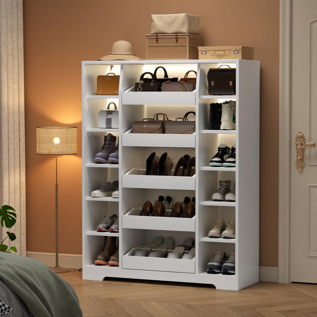 Shoe Storage Cabinet with 5 Storage Drawers, 12 Open Shelves and LED Light