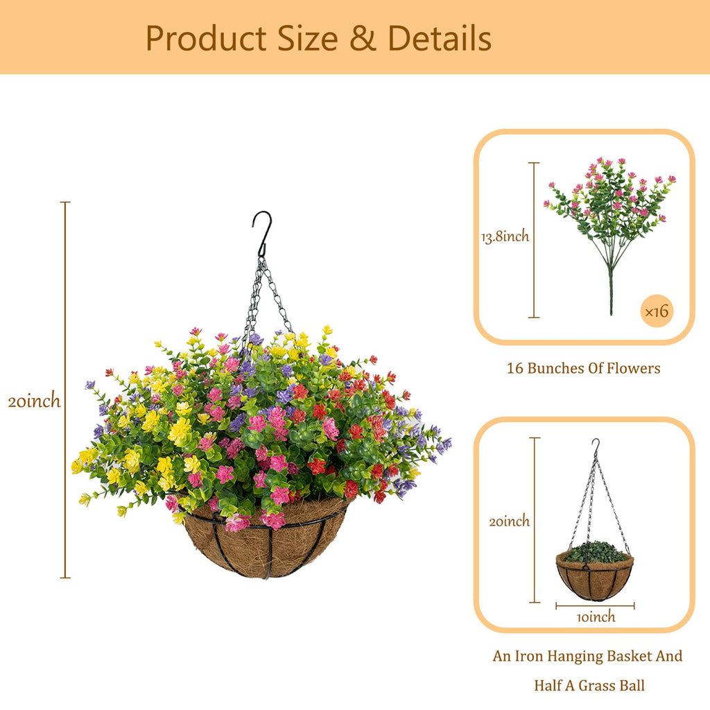 Artificial Hanging Flowers Basket for Outdoor, 16 Fake Flowers Look Real UV Resistant, Faux Hanging Plants for Porch