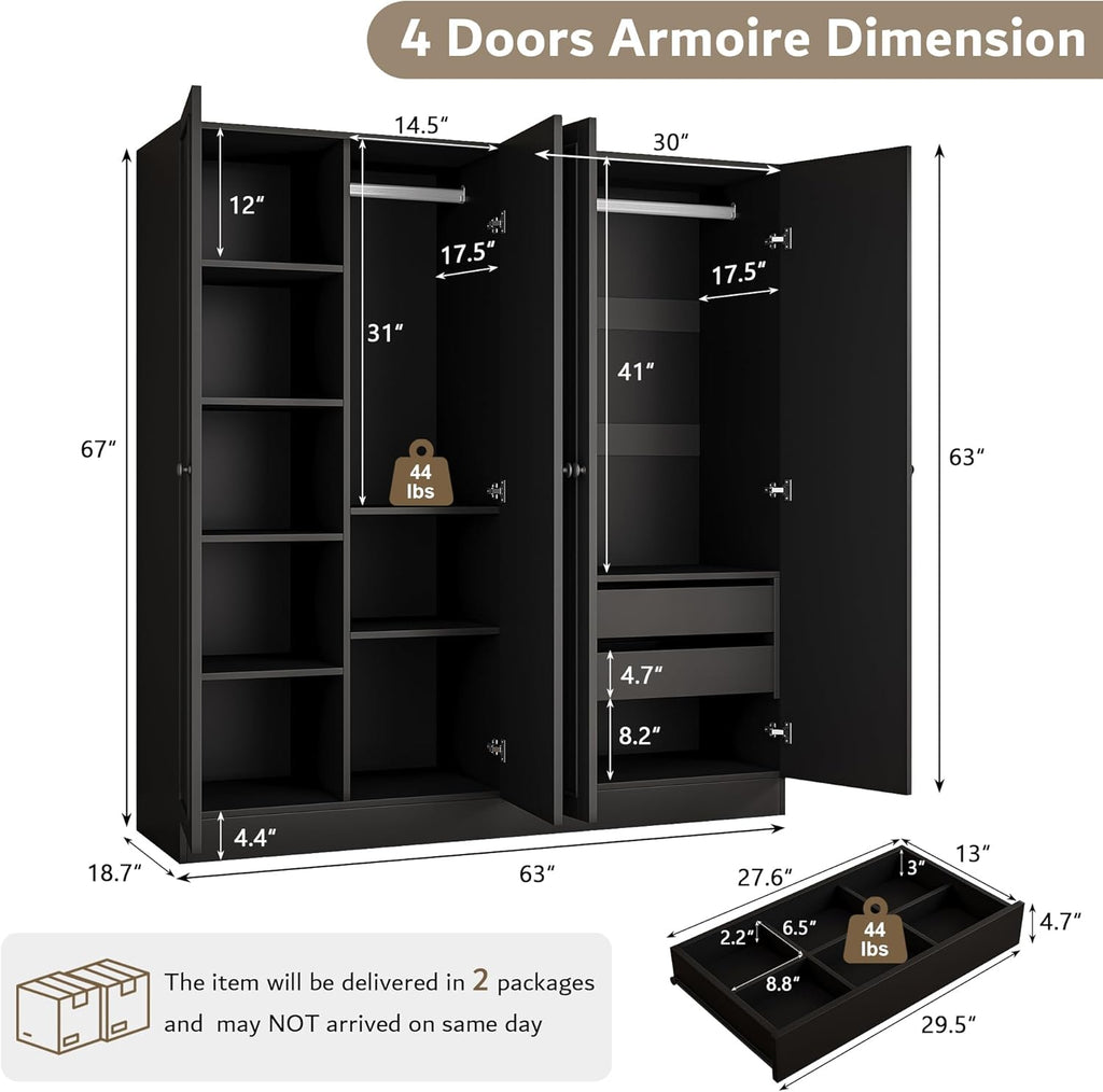 4 Doors Armoire Wardrobe Closet with 2 Drawers, 63" Large Wardrobe Cabinet with Removable Hanging Rods and Adjustable