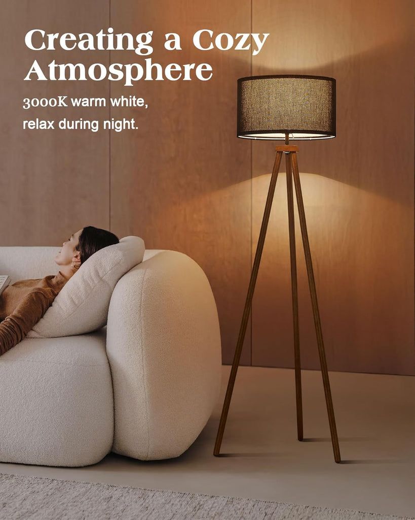 Wood Tripod Floor Lamp Modern Standing Lamp with Black Drum Shade, Industrial Tall Reading Lamp Living Room Bedroom