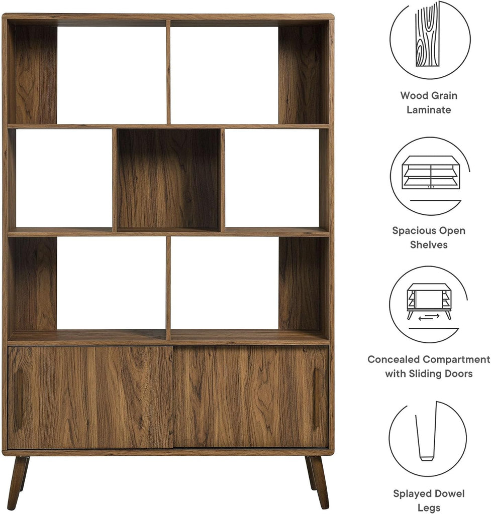 Transmit 8 Shelf Bookcase with Sliding Doors in Walnut - 45 Inch Wood Mid-Century Modern Bookshelf - 4 Tier Tall Open