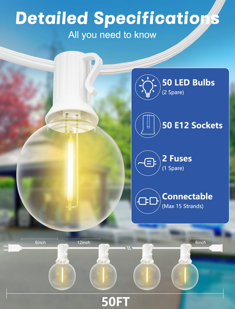 White String Lights Outdoor, 50FT White Outdoor Lights with 52 G40 Shatterproof LED Bulbs(2 Spare) Garden Porch