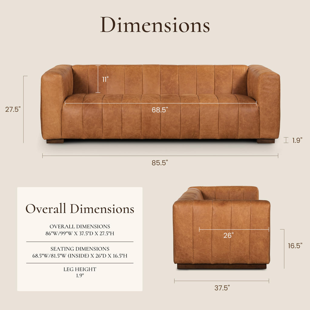 Canale Sofa - 86" Channel-Tufted Italian Leather Couch - Cognac Tan Full-Grain Pure-Aniline or Semi-Aniline Leather