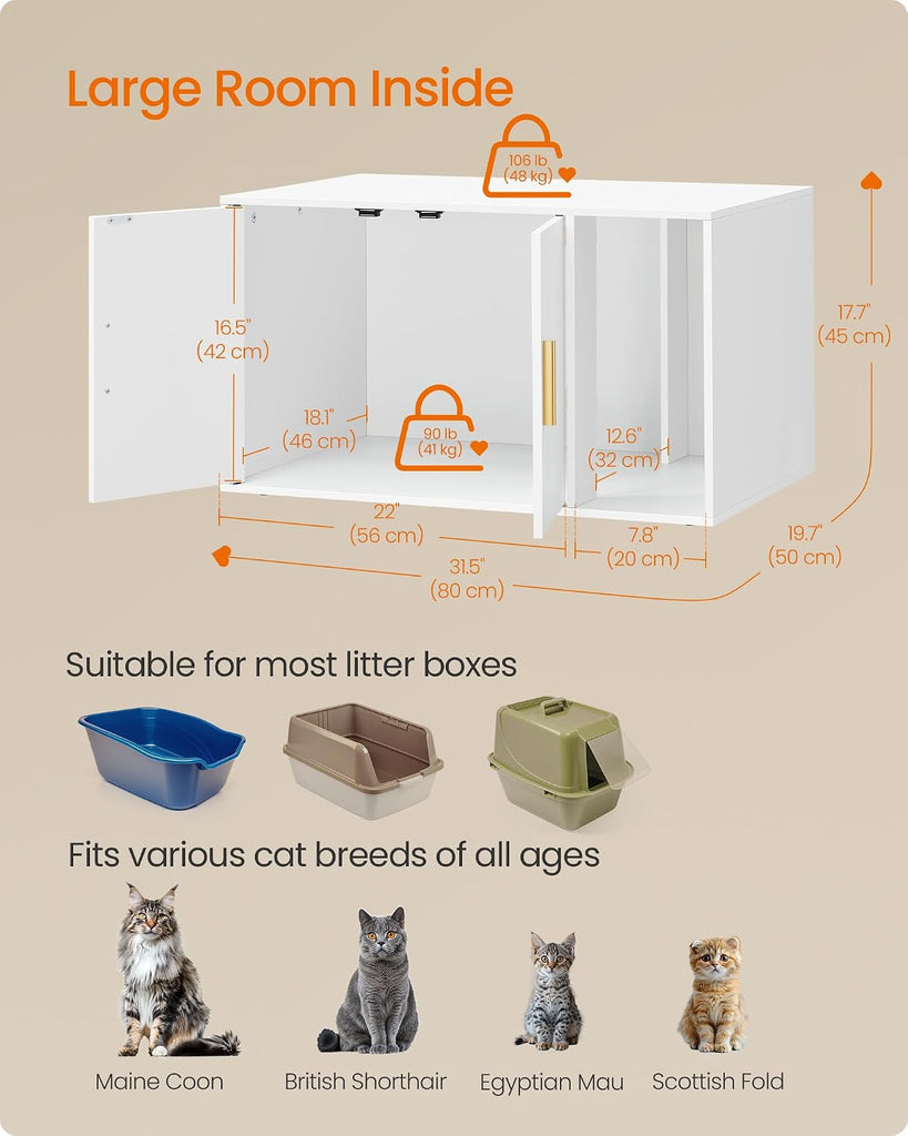 Cat Litter Box Enclosure, Double Doors, 31.5 x 19.7 x 17.7 Inches