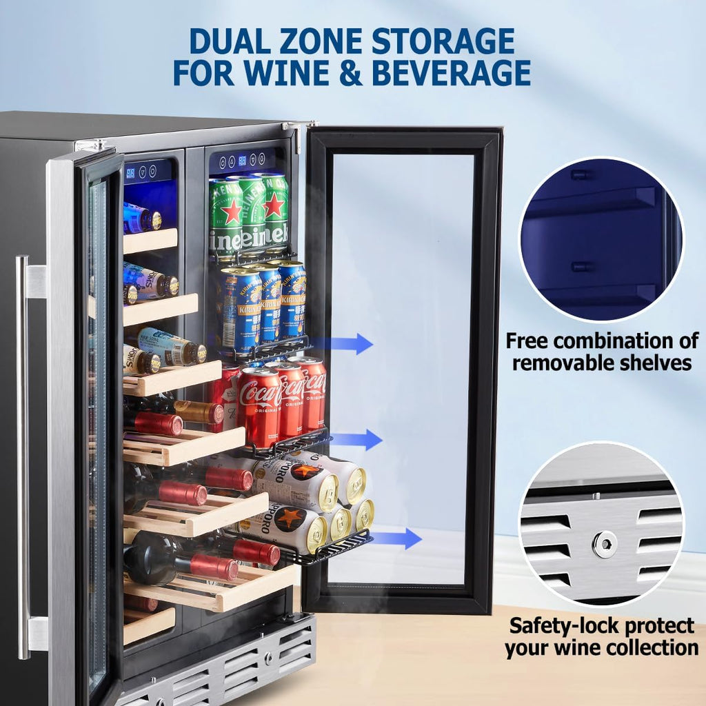 Wine and Beverage Refrigerator, 24 inch Wine Fridge Dual Zone Hold 21 Bottles an