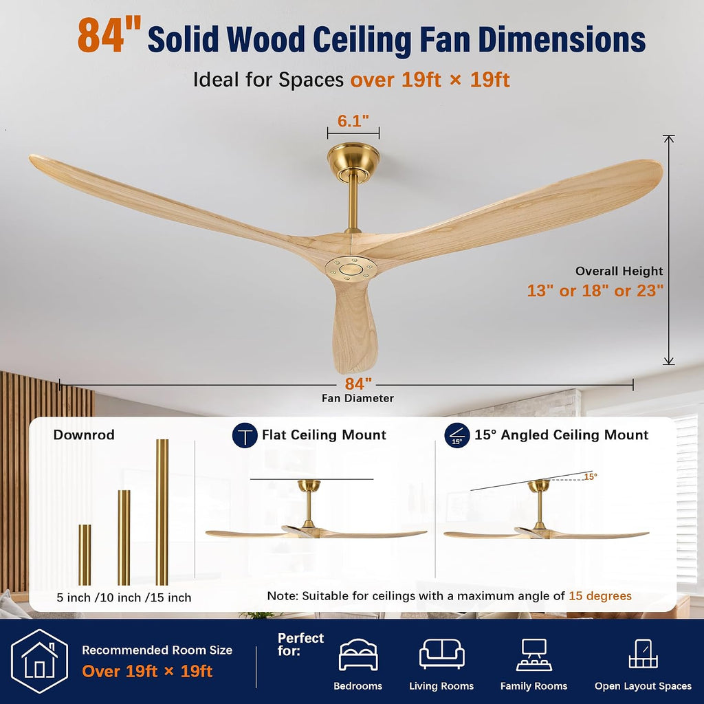 Inspired Maverick Style 84" wood ceiling fan, Brass Gold
