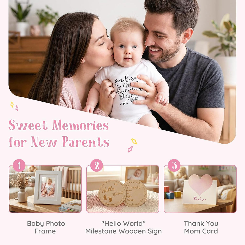 Baby Girl Gift Set - 12 Pcs Newborn Essentials with Bunny Lovey, 100% Cotton Onesie, Milestone Sign & Photo Frame