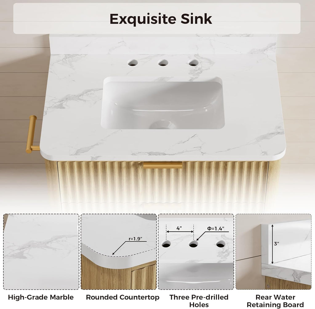 30" Freestanding Bathroom Vanity with Ceramic Sink - Vanity Cabinet with 2 Drawers & Flip-Down Storage