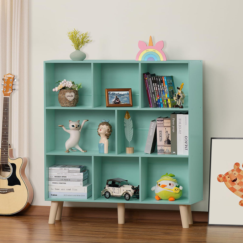 8 Cube Bookshelf, Mid-Century Modern Book Shelf with Legs, Green