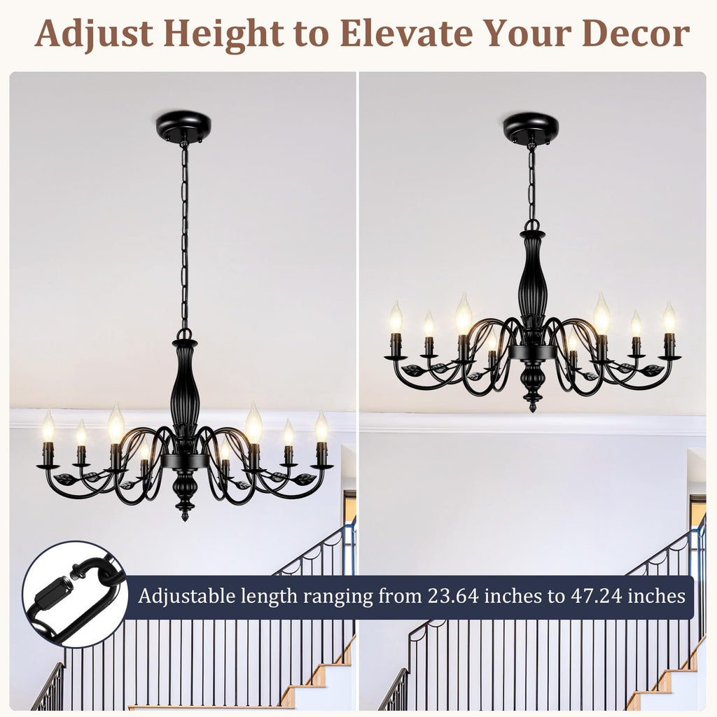 Large Black Farmhouse Chandelier, 29" 8-Light Light Fixture
