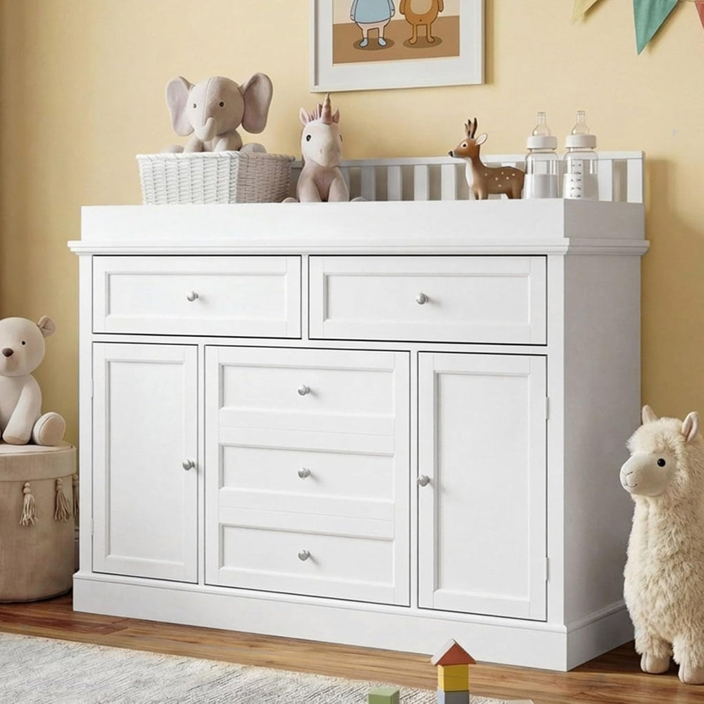 46" Baby Dresser with Changing Table Top, White Dresser with Storage Drawers and Doors , Multifunctional Nursery Baby