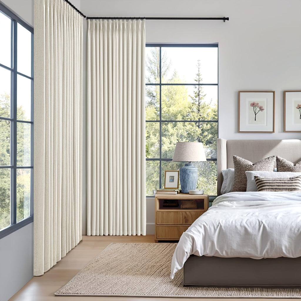 Natural Pinch Pleated 100% Blackout Linen Curtains, Room Darkening Light Blocking Window Curtains 84 inches Long
