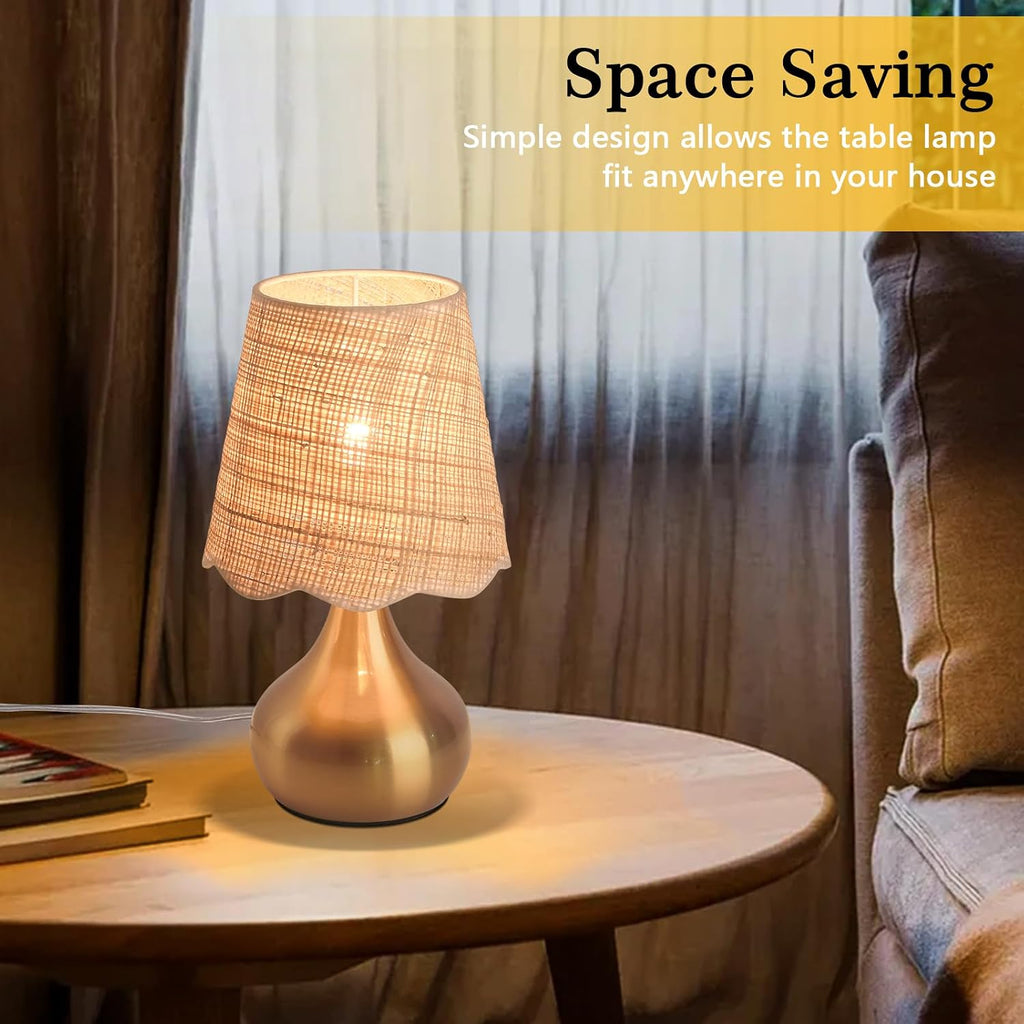 Gold Small Bedside Table Lamp, Brass Gold Mini Table Lamps for Nightstand, Rattan Shade Table Lamps for Small Spaces