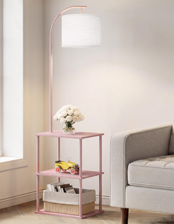 Floor Lamp with Table, Night Stand with Lamp, Narrow Side Table with 3CCT LED Bulb, Small Coffee Table, Modern End