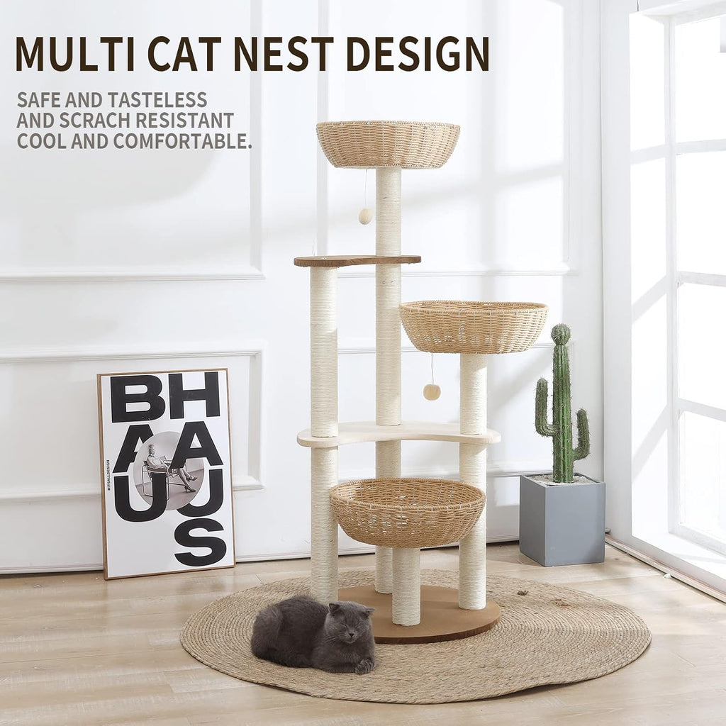 52" Modern Cat Tree Tower for Large Cats, 3Cat Nests Manual Hand Woven Multilevel Huge Paws Pals Cat Tree, Wood Cat