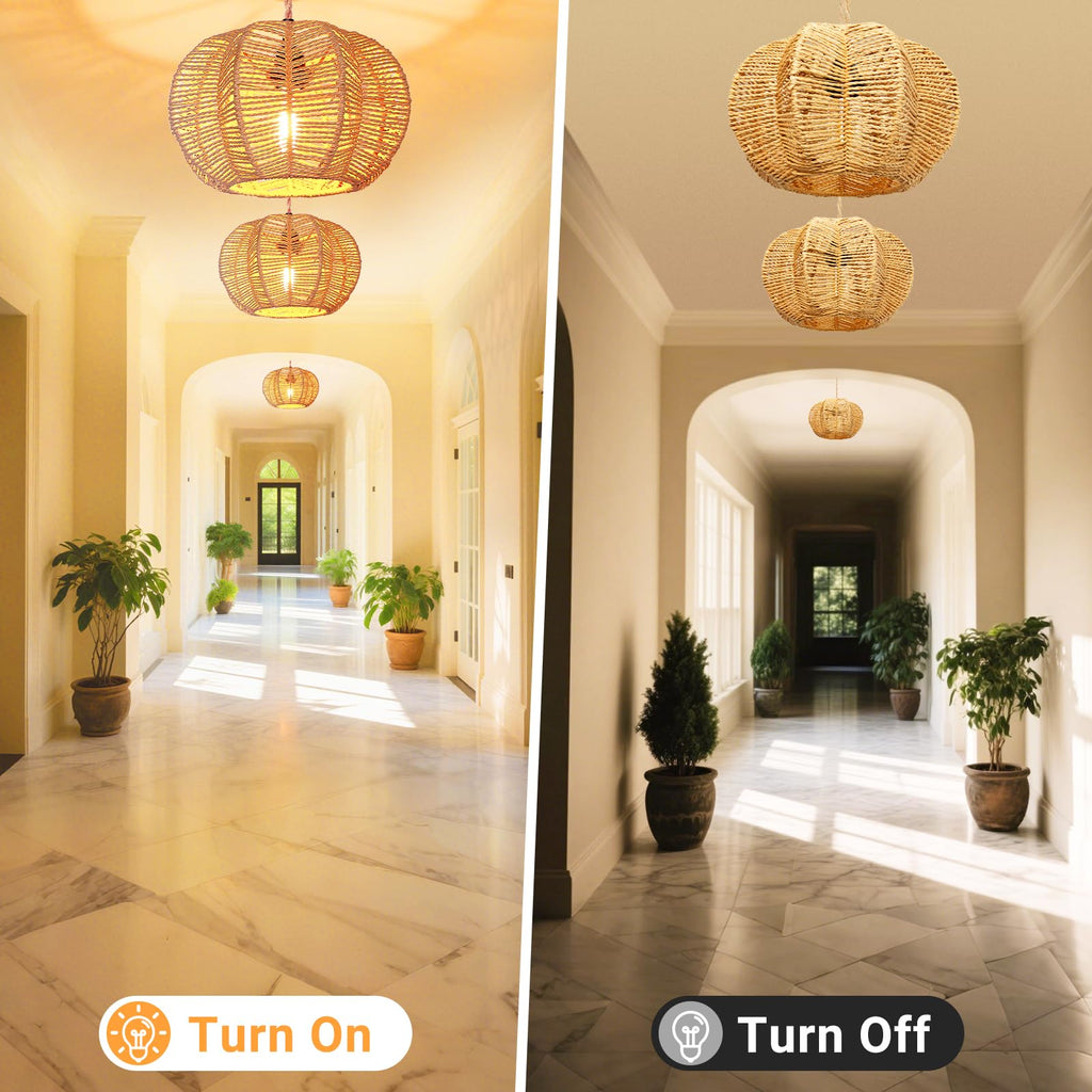 Hanging Light Fixture with Plug in Cord with on Off Switch, Rattan Pendant Lights Boho Lamp Ceiling Light, Plug in