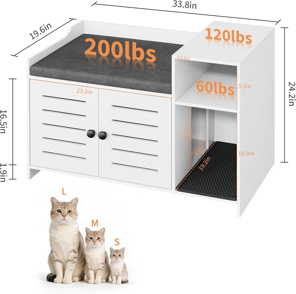 Tall Cat Litter Box Enclosure, 33.8" Wood Hidden Litter Box Cabinet Furniture with Scratch Pad, Large Farmhouse