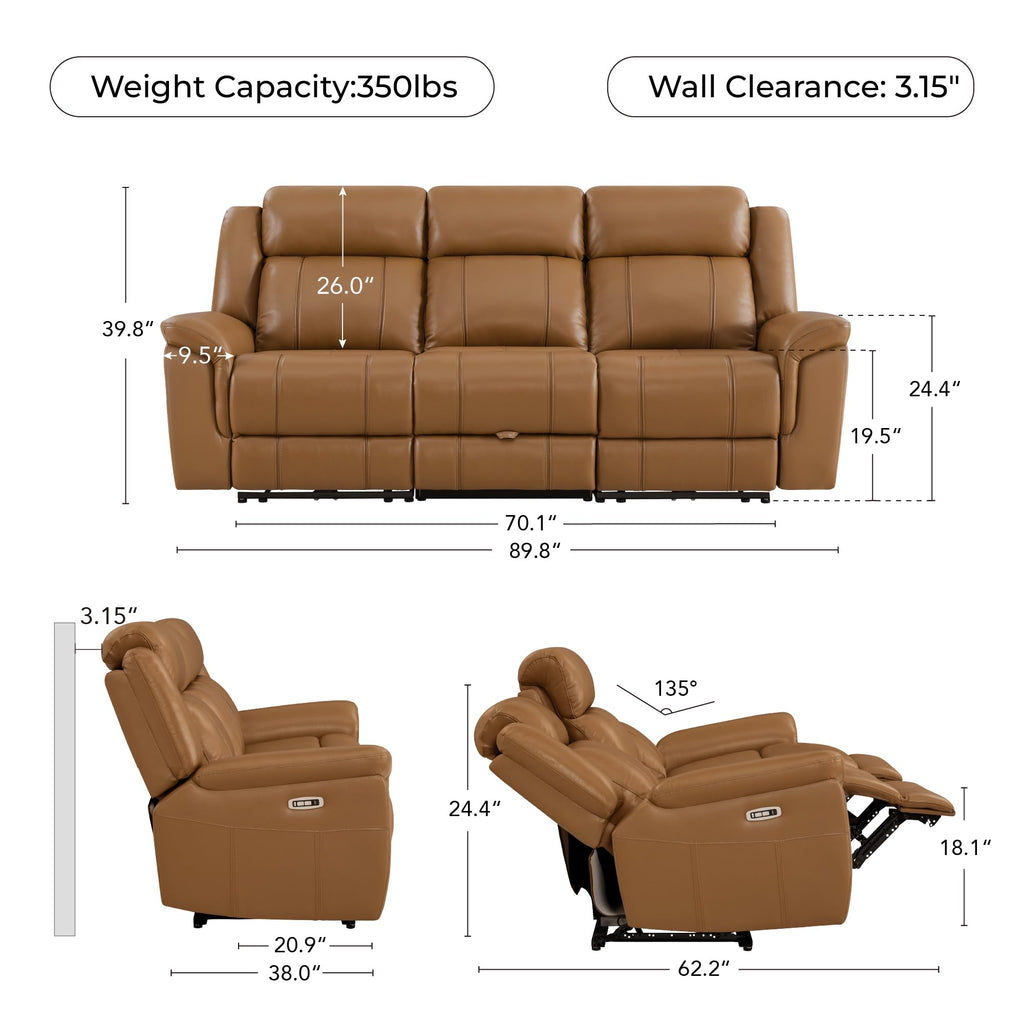 Leather Power Recliner Sofa Wall Hugger, Saddle, 3 Seater
