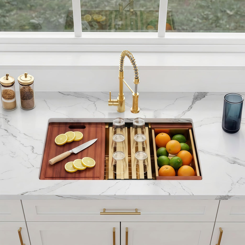 30 Inch 16 Gauge Undermount 50/50 Double Bowl Gold Kitchen Sink