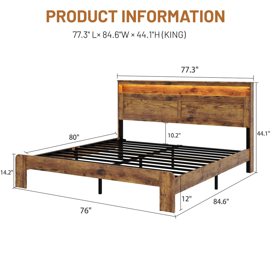 Wooden Bed Frame King Size with Storage Headboard, Brown