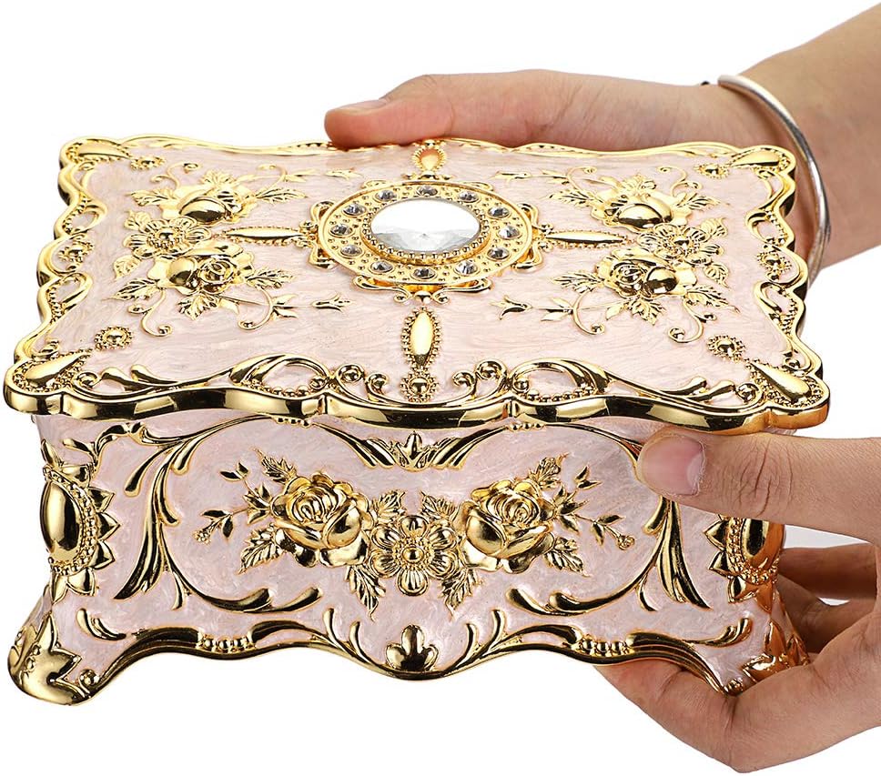 Vintage Metal Jewelry Box - Two Layer Large Trinket Organizer, Beige