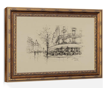 Vintage Paris Cafe Wall Gold Frame, European Cityscape Sketch Print