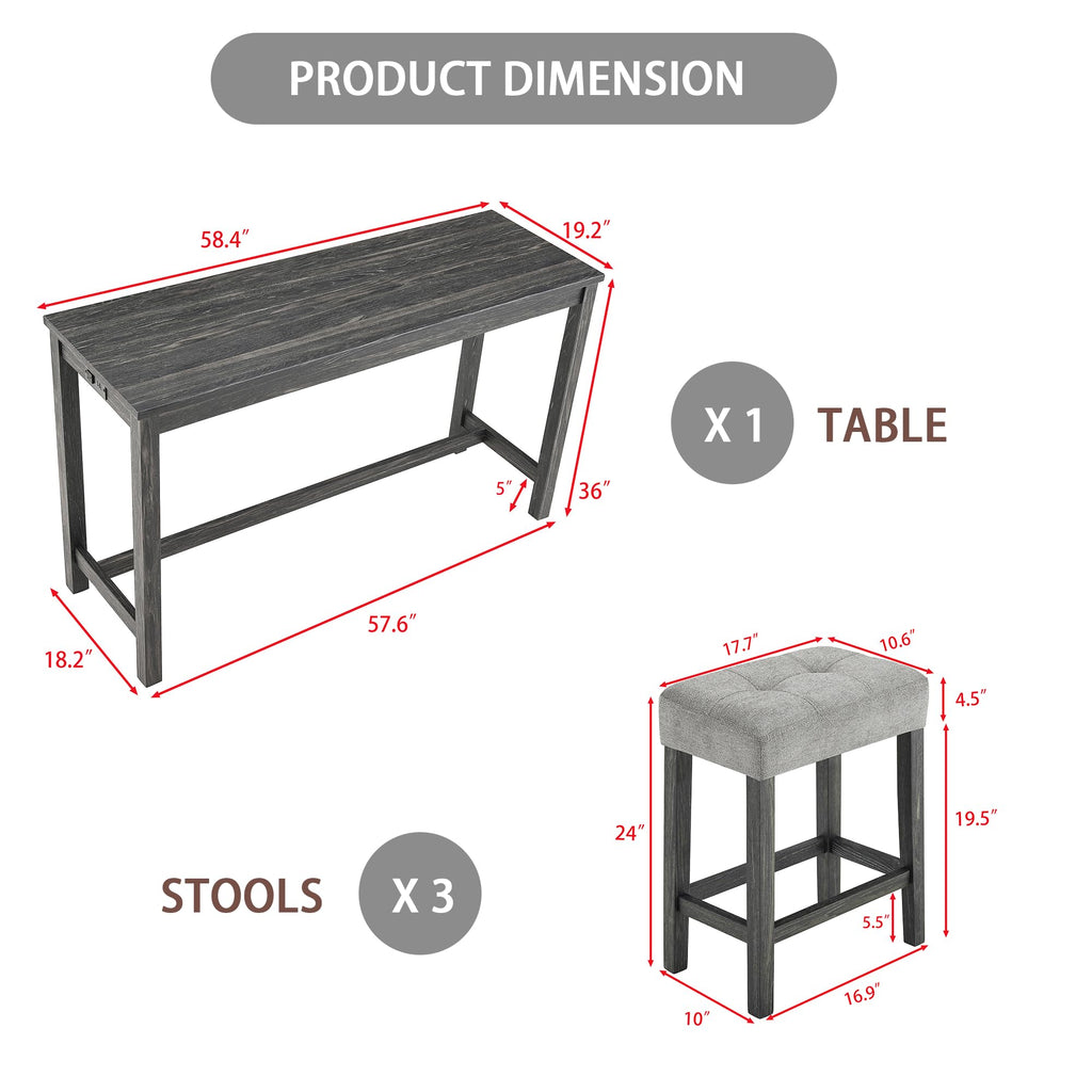 Industrial Bar Table Set with Power Outlet, 4-Piece Counter Height Dining Set with Linen Fabric Stools, Breakfast