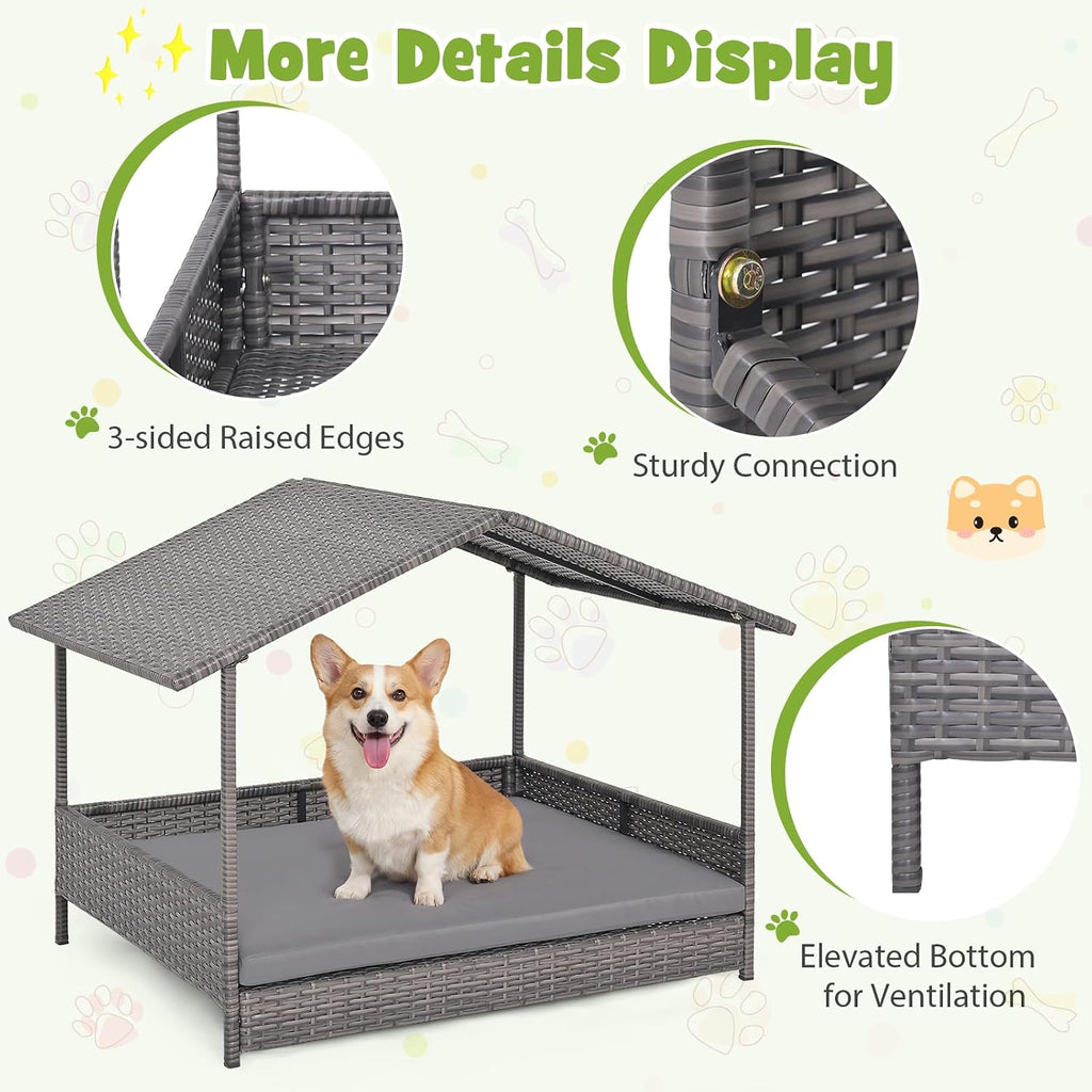 Outdoor Wicker Dog House with Roof Canopy, Elevated Rattan Dog Bed with Washable Cushion, Weatherproof Patio Pet Bed