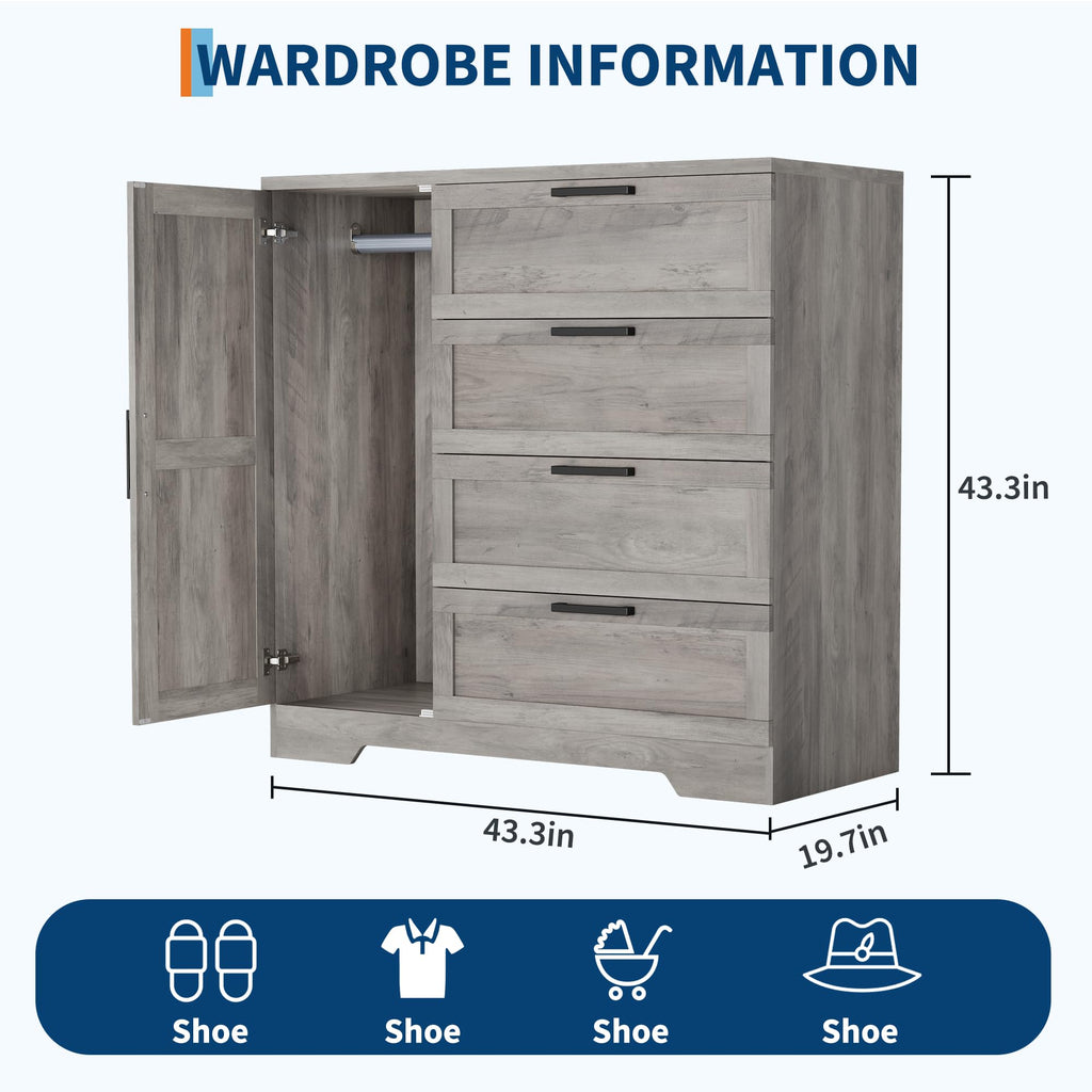 43.3'' H Armoire Wardrobe Closet with 4 Drawers and Hanging Rod, Multifunctional Wood 4 Drawers Dresser with Storage