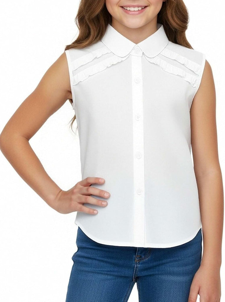 Girls White Long Sleeve Button Down Shirt Ruffled Turn Down Collar School Unifrom Blouse Top