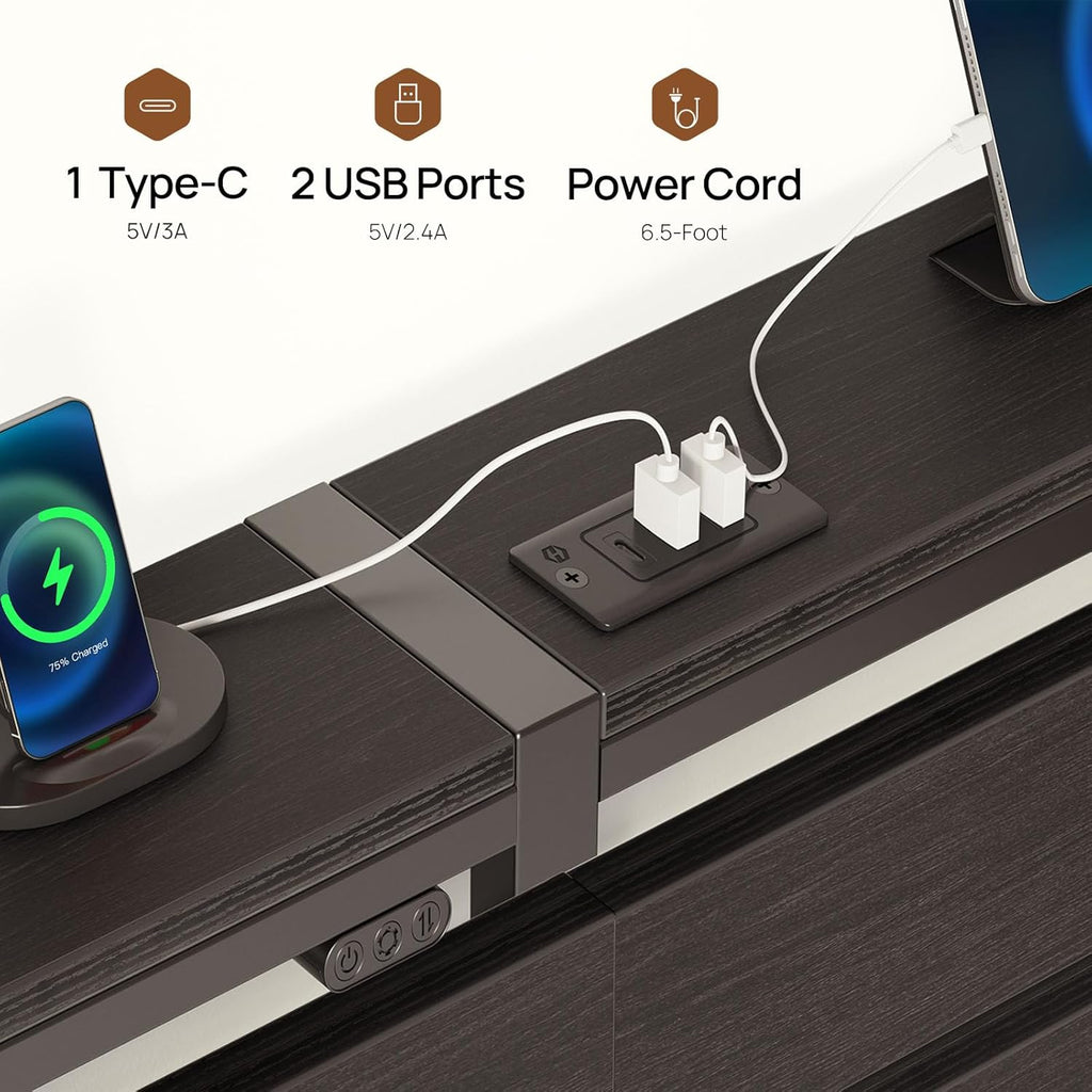 Full Bed Frame with USB Charging Station, LED Bed Frame with Wood Storage Headboard