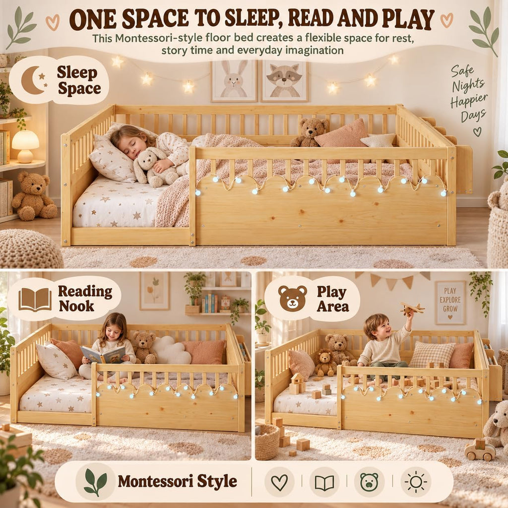 Montessori Floor Bed with High Rails, Floor Bed Frame for Kids, LED Lights & Storage Shelf, Safe & Wider
