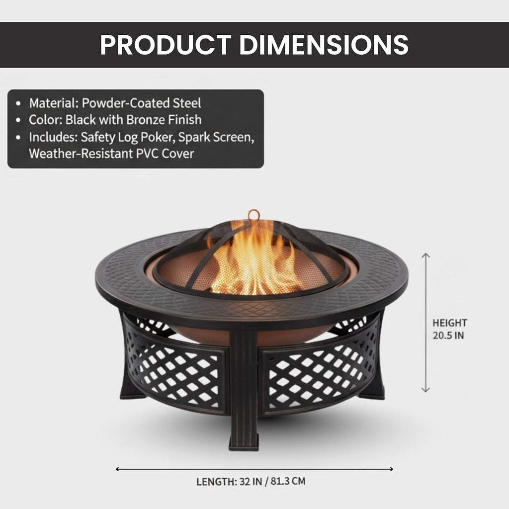 Fire Pit - 32-Inch Outdoor Fireplace with Spark Screen, Poker, and Cover - Wood-Burning Fire Pit