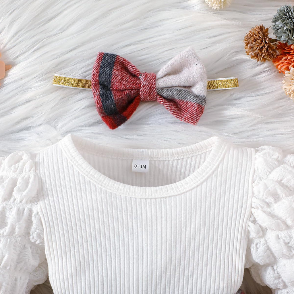 Christmas Toddler Baby Girl Plaid Dress Puff Sleeve Bow Patchwork Ribbed Shirts Dress Plaid Fall Winter Outfits (Red