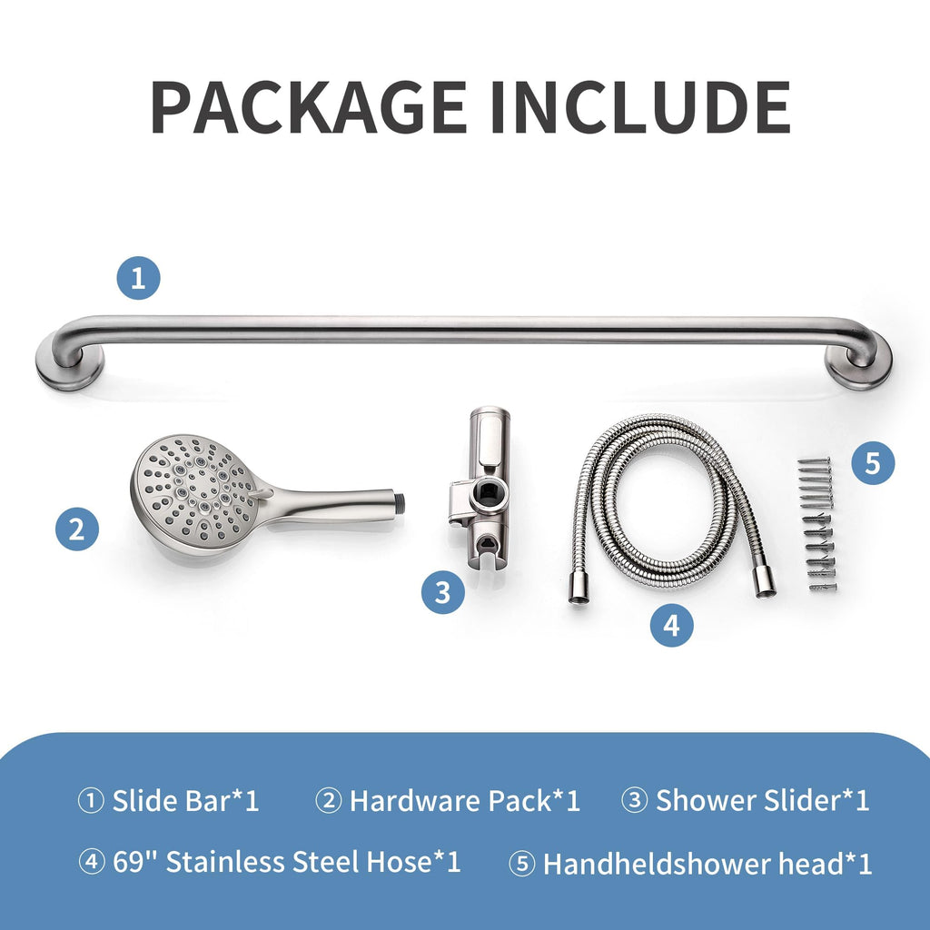 Slide Bar Shower Set with Handheld Shower Head, ADA-Compliant Stainless Steel Grab Bar, Adjustable Height and 69-Inch
