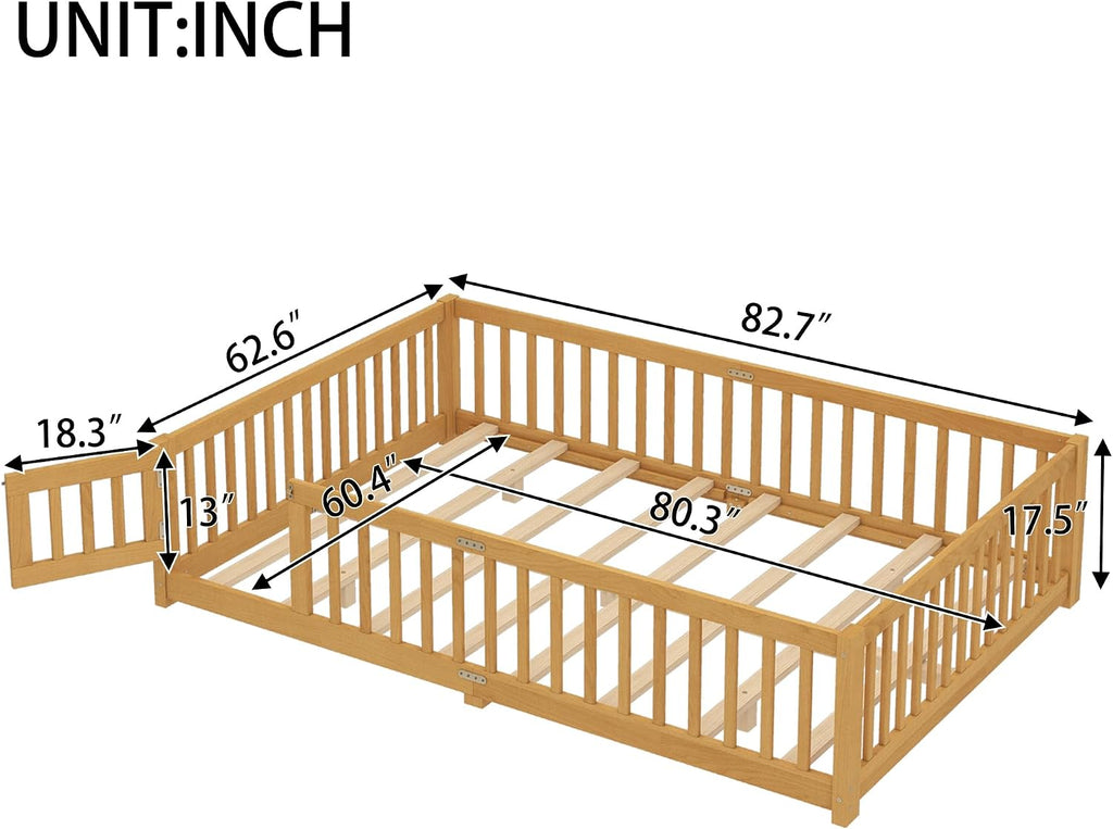 Queen Montessori Bed with High Fence and Guardrail, Solid Wood Floor Bed Frame for Kids Boys Girls, Natural
