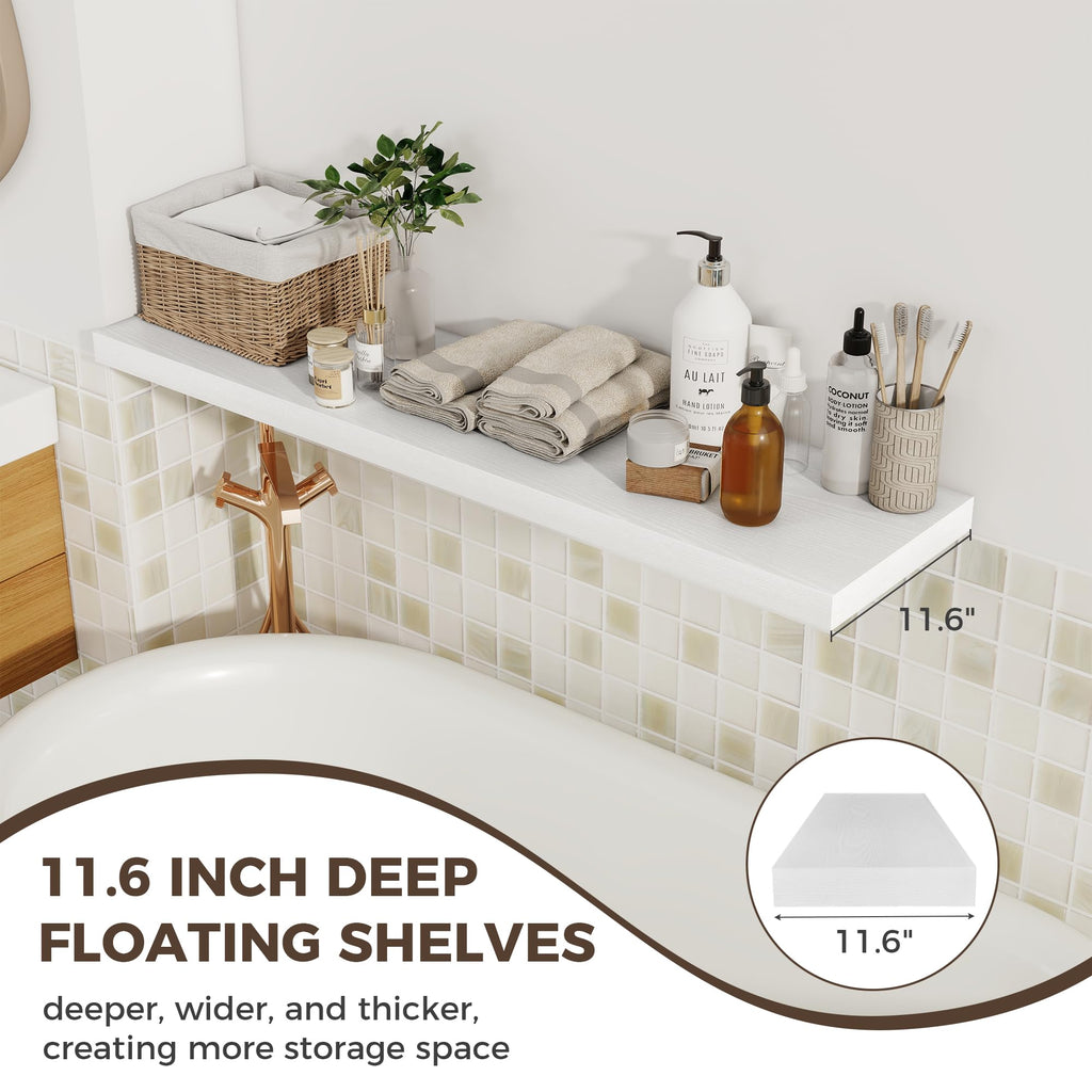 12 Deep Floating Shelves for Wall, 48W x 12D Extra Large Floating Shelves Set of 2, Hanging Wood Wall Shelves