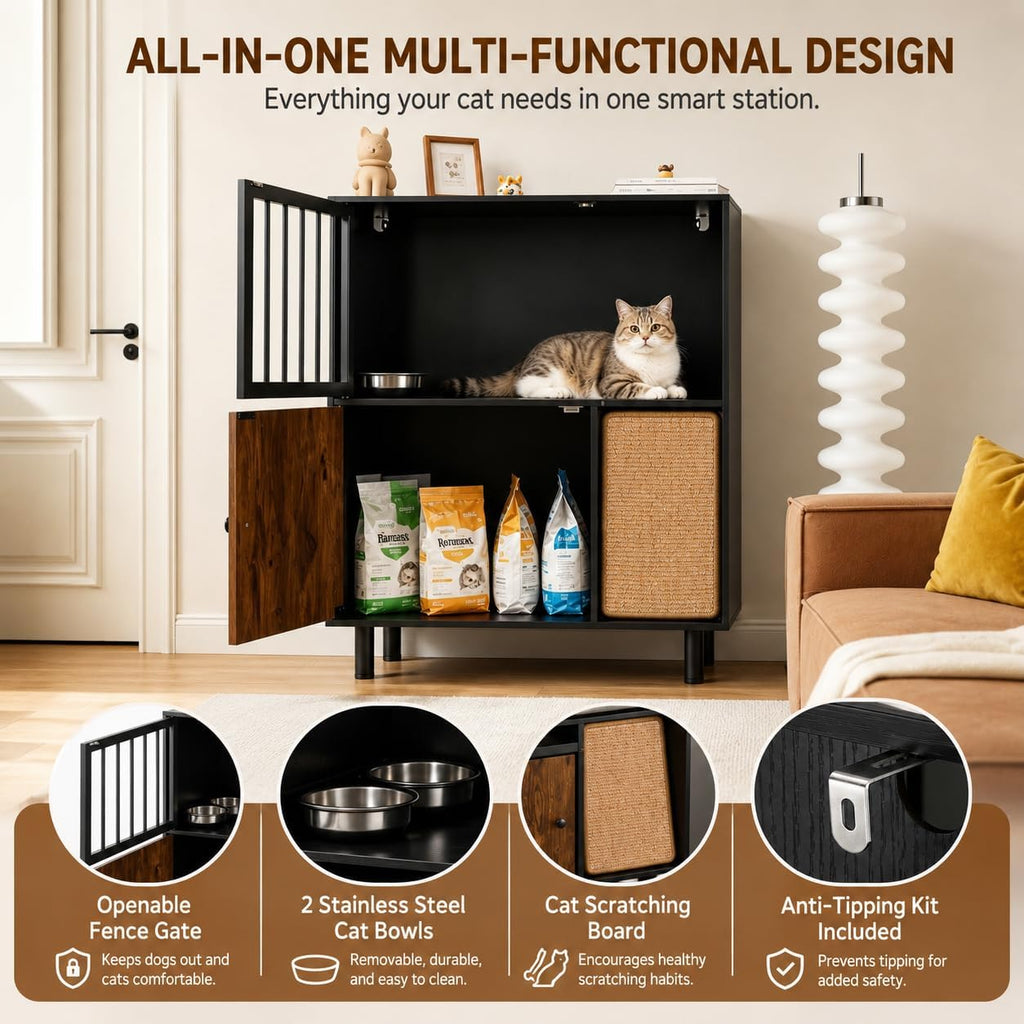 Dog Proof Cat Feeding Station with Storage Cabinet, 2 Raised Stainless Steel Bowls, Elevated Cat Feeding Station