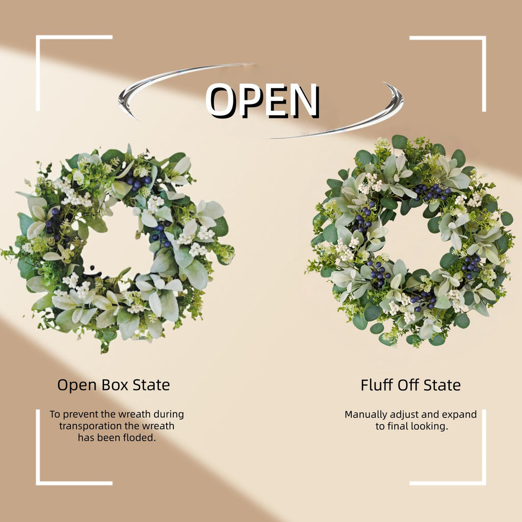 22 Inch Wreaths for Front Door, Green Spring Summer Wreath with Faux Lamb's Ear, Eucalyptus Leaves, White & Blue