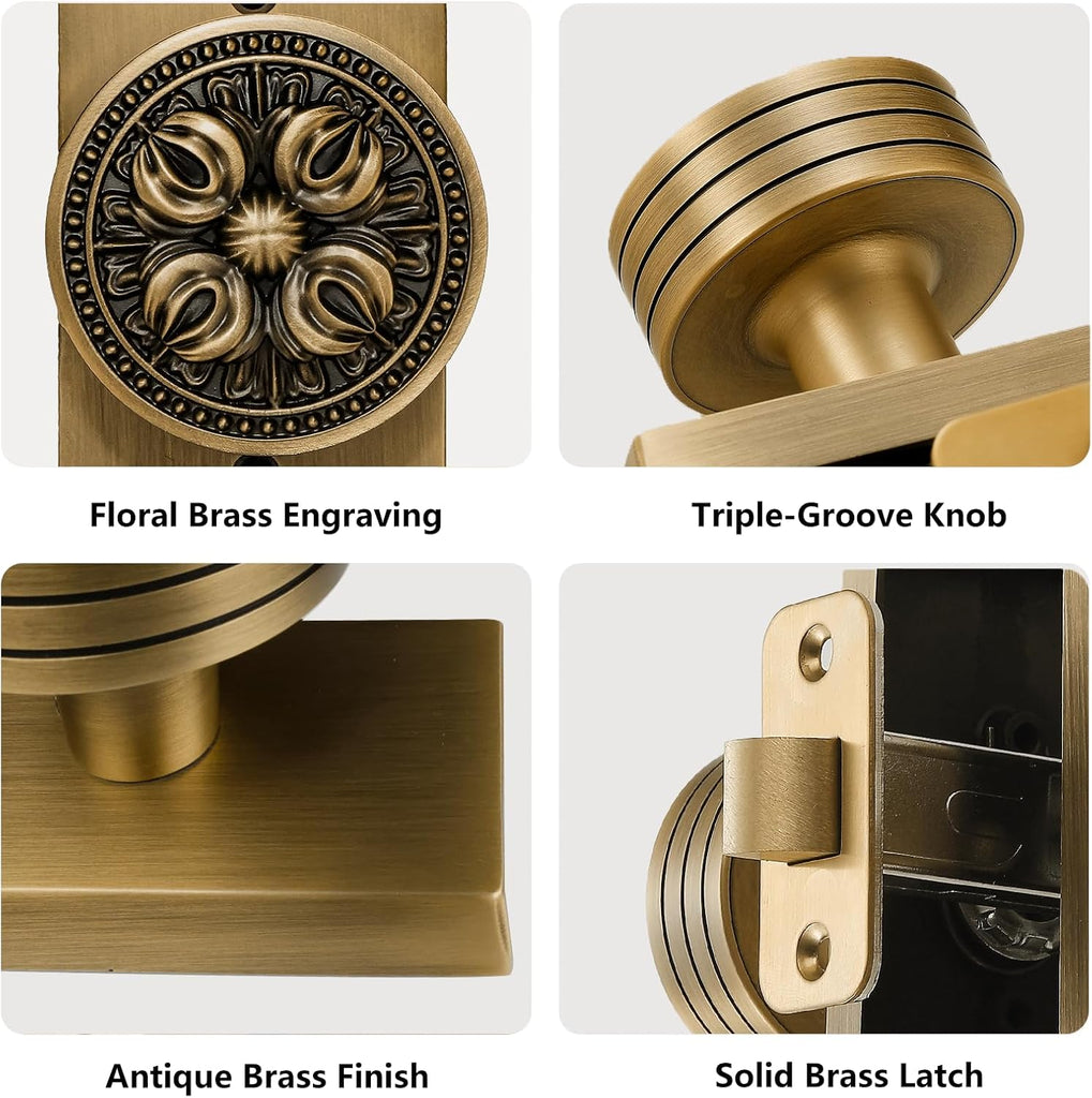 Antique Brass Vintage Floral Privacy Door Knob - Vintage Design Solid Brass Decorative Handle, Secure and Durable