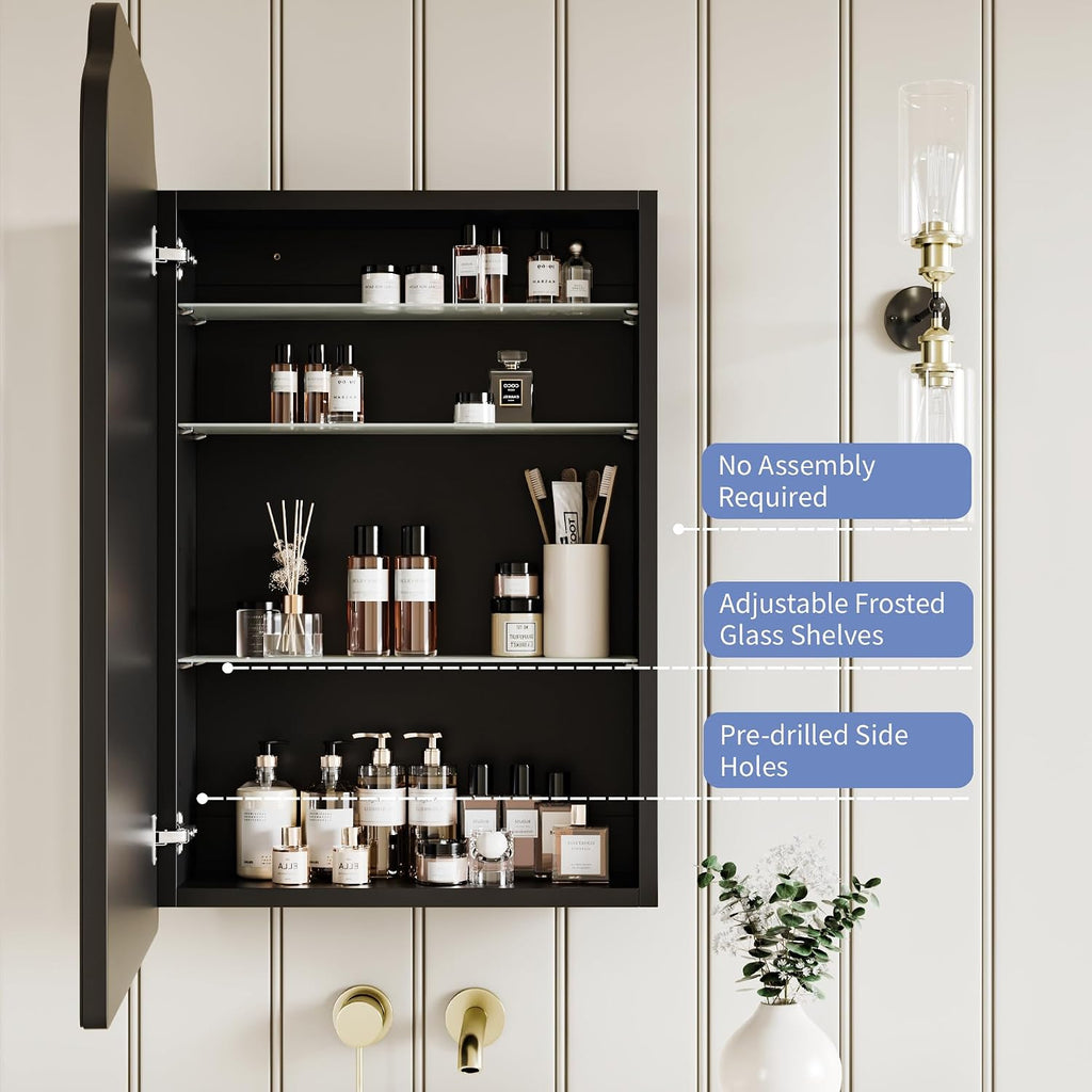 Victorian Medicine Cabinet with Arched Mirror, Overall 17.5"W x 29"H | Recessed or Surface Mount, 16.1"W x 24"H Wood