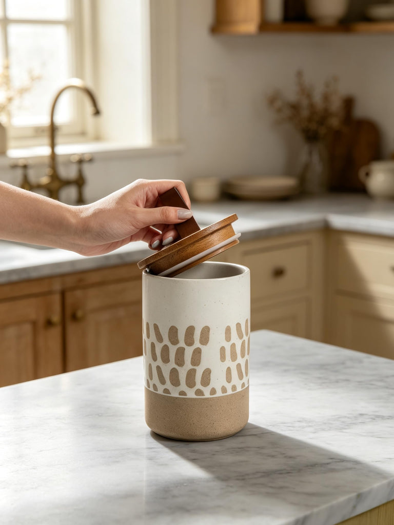 28 FL OZ Boho Ceramic Jar, Airtight Bamboo Lid, Canister for Coffee Beans