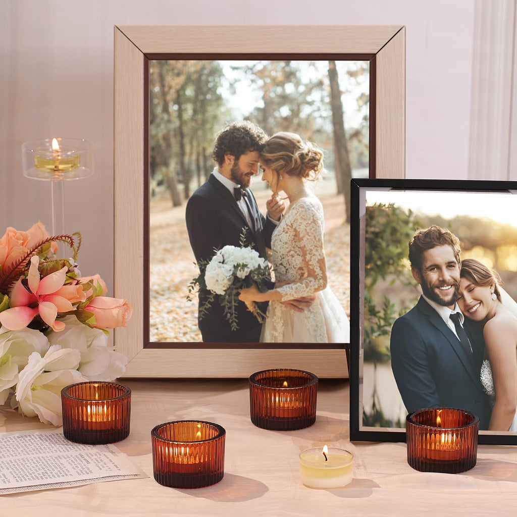 30Pcs Ribbed Amber Votive Candle Holders for Fall Table Decor, Amber Tea Light Candle Holders with 32pcs Tea Light