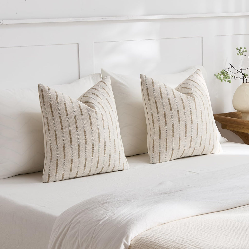 Set of 2 Throw Pillow Covers 20x20 Linen Decorative Couch Pillow Cases Neutral Beige Farmhouse Textured Square Accent