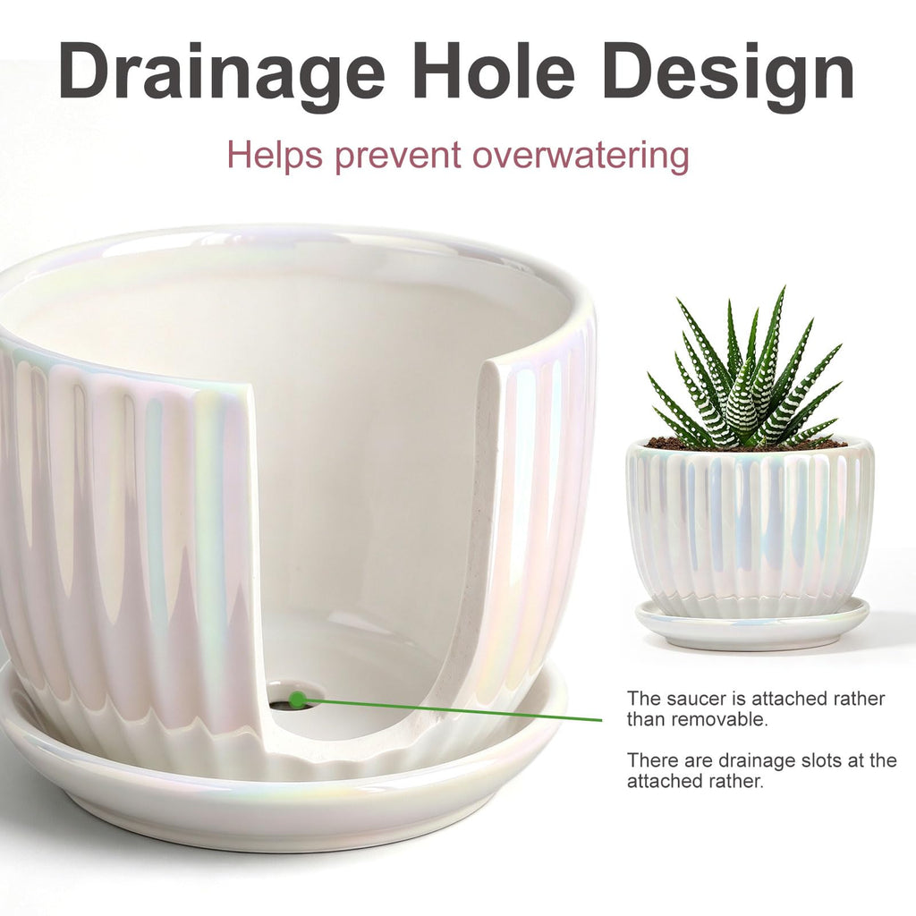 Plant Pots, Ceramic Flower Pots with Drainage Holes & Saucer Set of 3(Pearl)