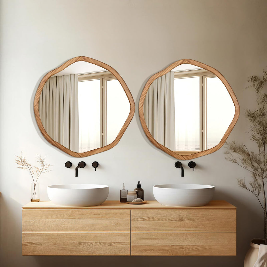 Irregular Round Wood Mirror 24 Inch, Rustic Brown Wall Mirror