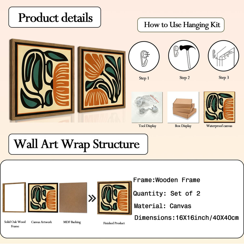 Mid Century Floral Wall Art Set of 2, Modern Square Abstract Botanical Wall Decor Picture, Vintage Boho Eclectic